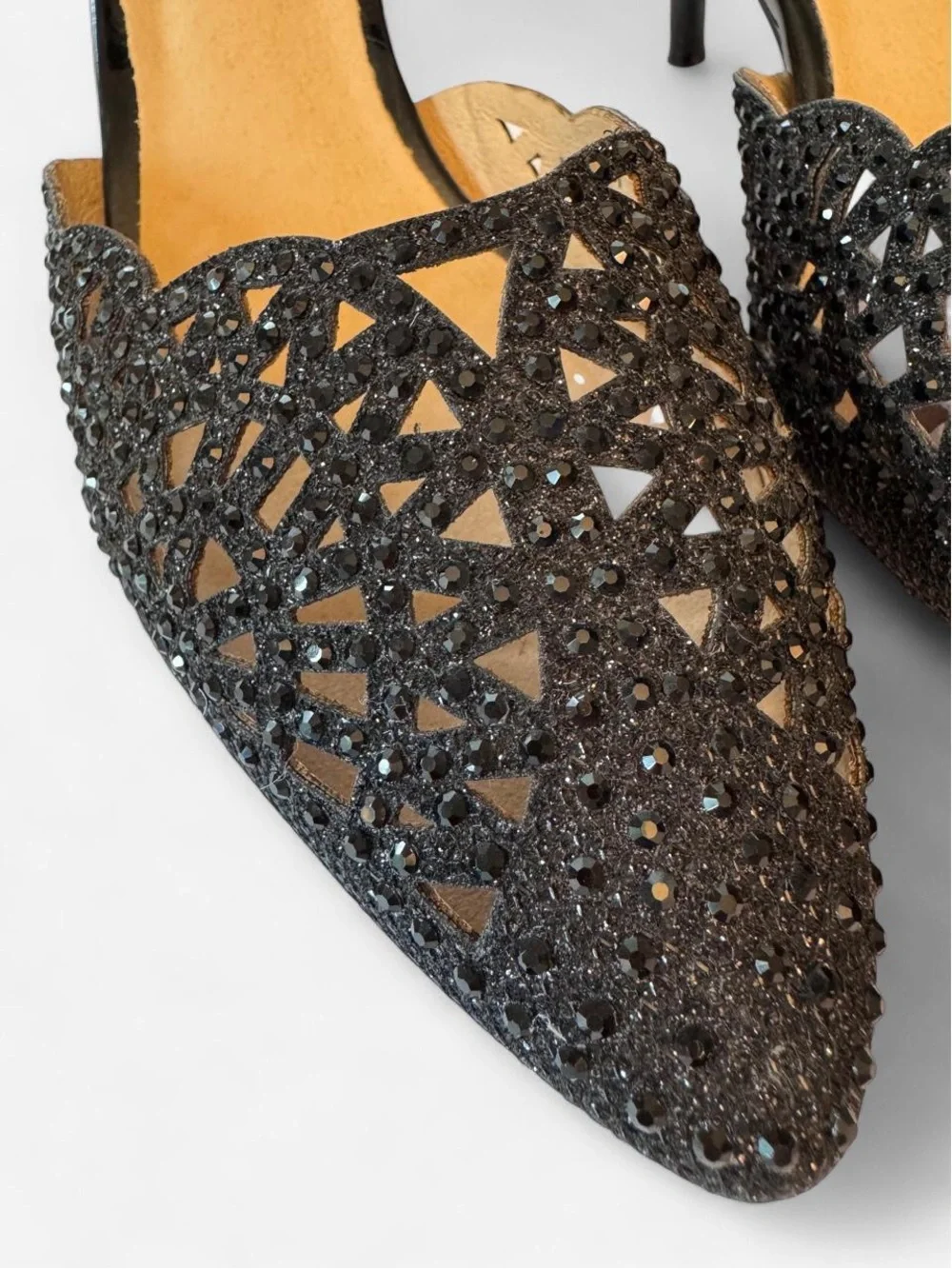 IDIFU Black Rhinestone Pearl Accent Ankle Strap Heels Size 7.5